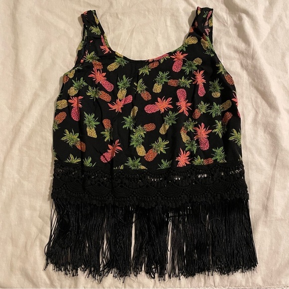 L' amour SMALL Pineapple crop top with fringe tank top nanette lepore black pink - Picture 1 of 8